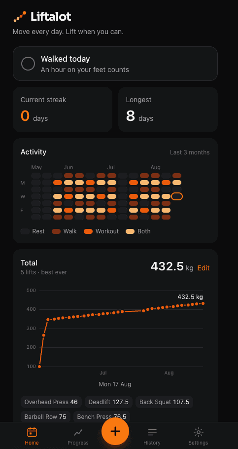 Liftalot home screen: walk toggle, current and longest streak, a three-month activity grid, and a combined total chart.