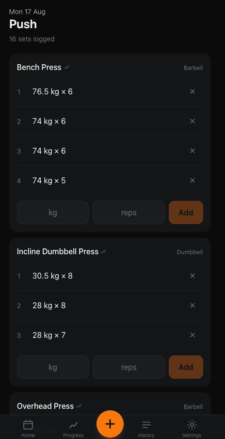 Logging a Push session: bench press, incline dumbbell press and overhead press with sets, weights and reps.